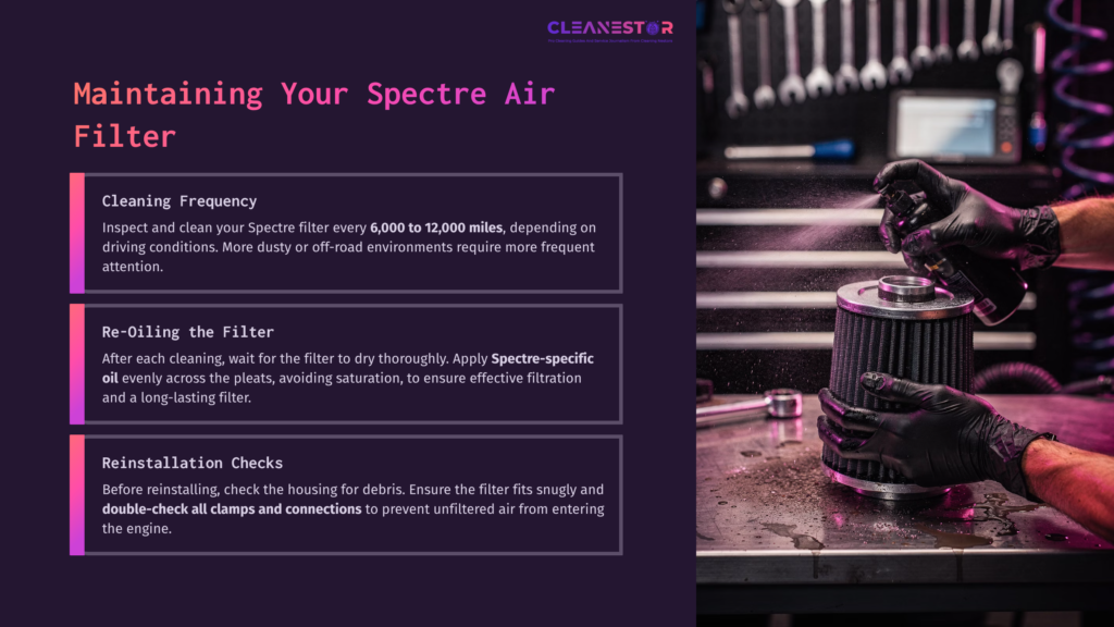 7 Maintaining Your Spectre Air Filter A Black Air Filter Being Cleaned With A Spray Can. A Workbench With Tools And A Purple Background Provides Context.