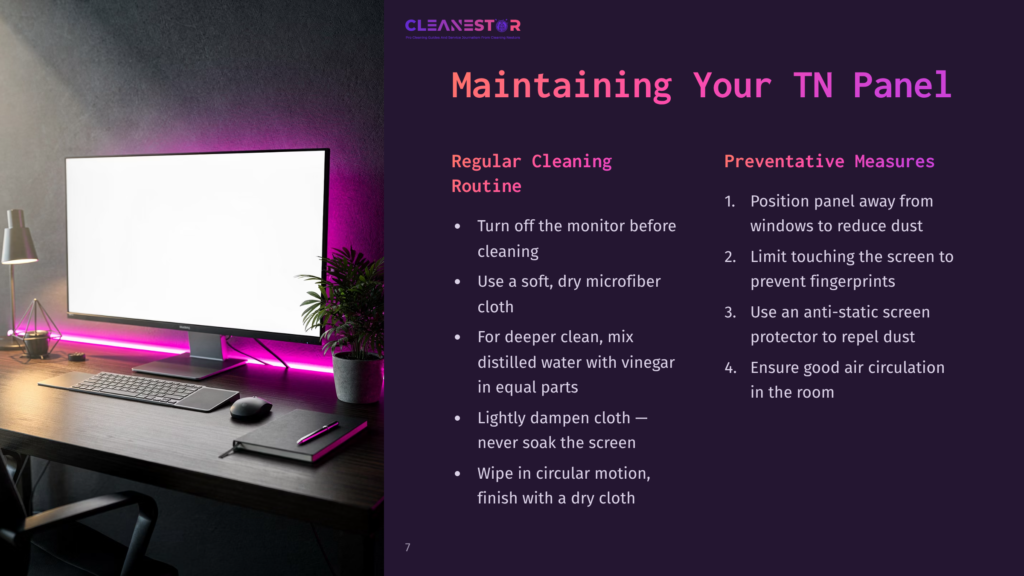 A Monitor With Pink Ambient Lighting On A Desk, Alongside A Soft Cloth And Cleaning Instructions For Maintaining A Tn Panel.
