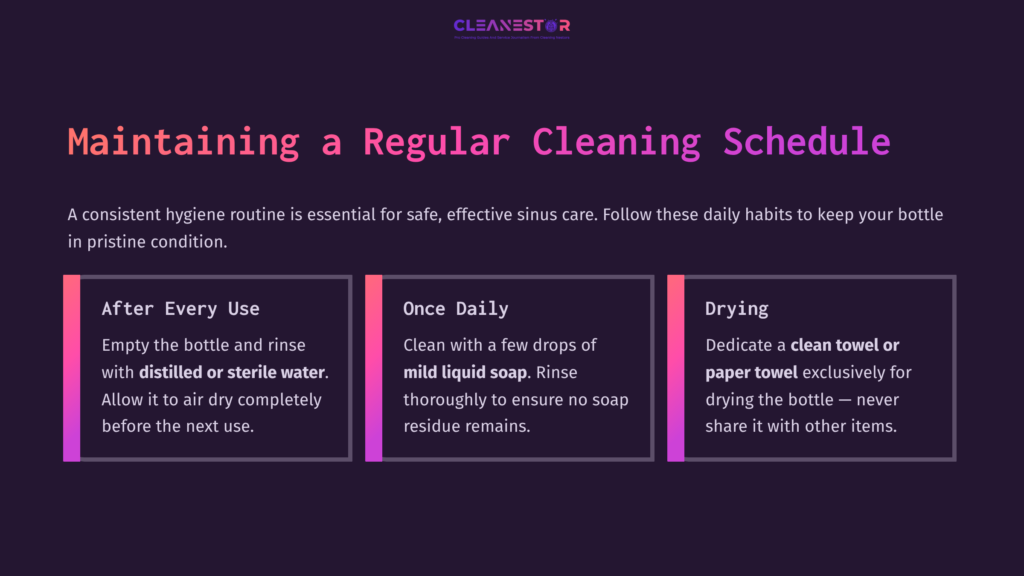 Text On A Dark Background Explaining A Cleaning Routine For A Neilmed Sinus Rinse Bottle, With Vibrant Blocks Highlighting Key Steps.