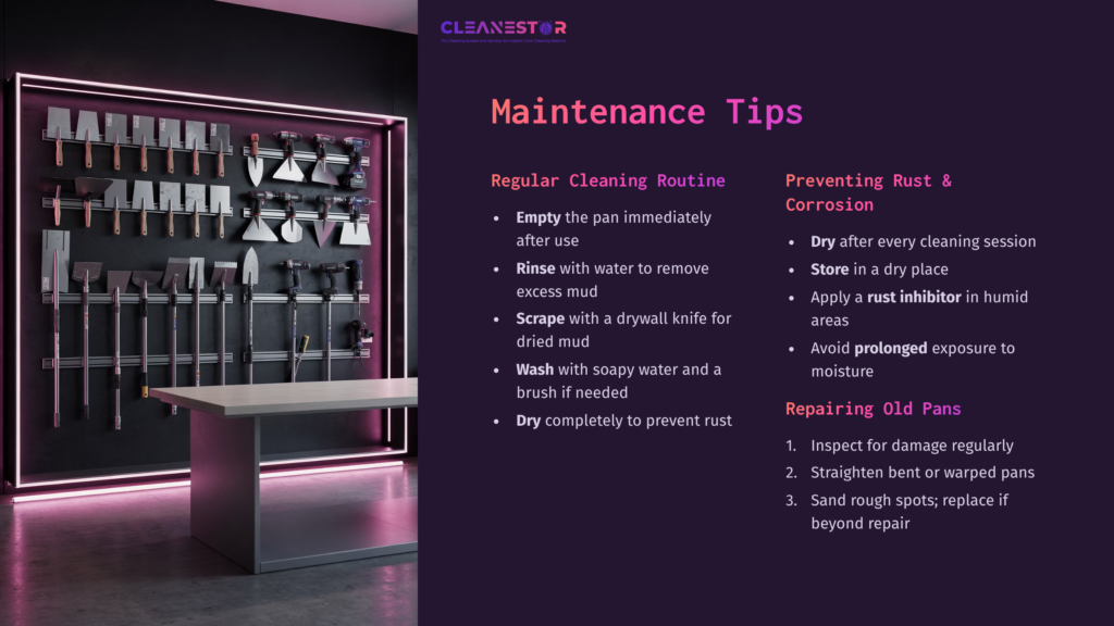 A Workshop Wall With Tools And A Pink-Lit Shelf, Alongside Maintenance Tips For Cleaning And Preserving Drywall Mud Pans.