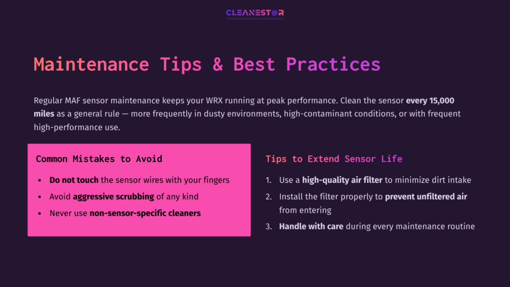 Graphic Featuring Bold Text On Maintenance Tips With A Purple Background, Highlighting Common Mistakes And Sensor Care Advice In White And Pink.