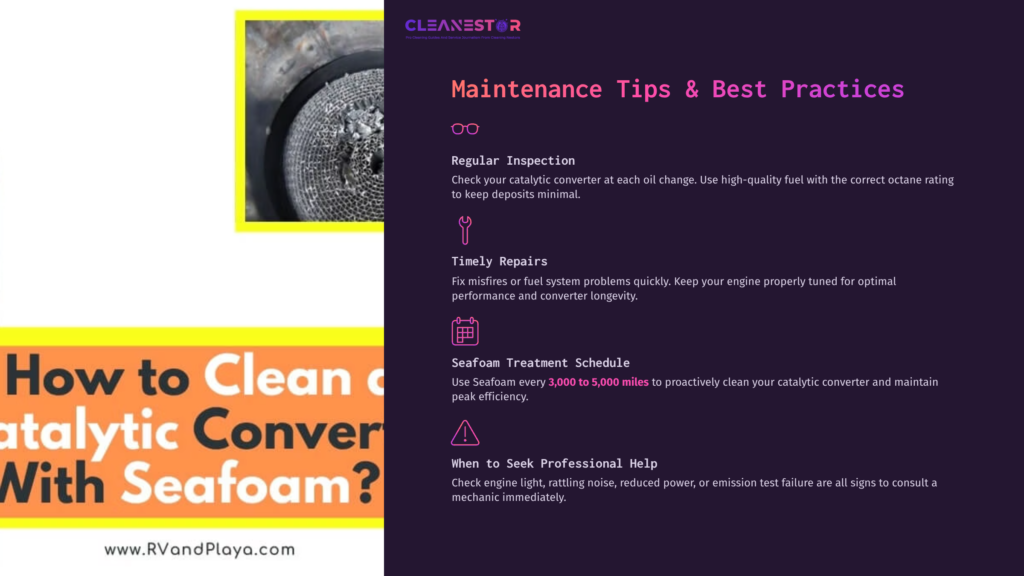 Close-Up Of A Metallic Catalytic Converter With Mesh Detail, Alongside Colorful Tips For Maintenance And Cleaning Methods On A White Background.