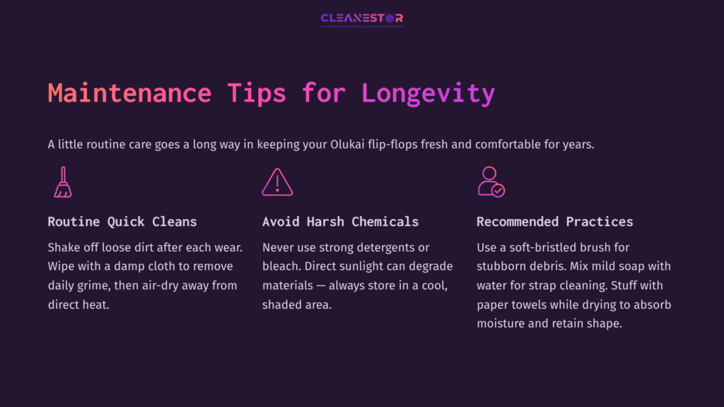 Purple Background With White And Pink Text Detailing Maintenance Tips For Olukai Flip-Flops, Including Cleaning And Storage Advice.
