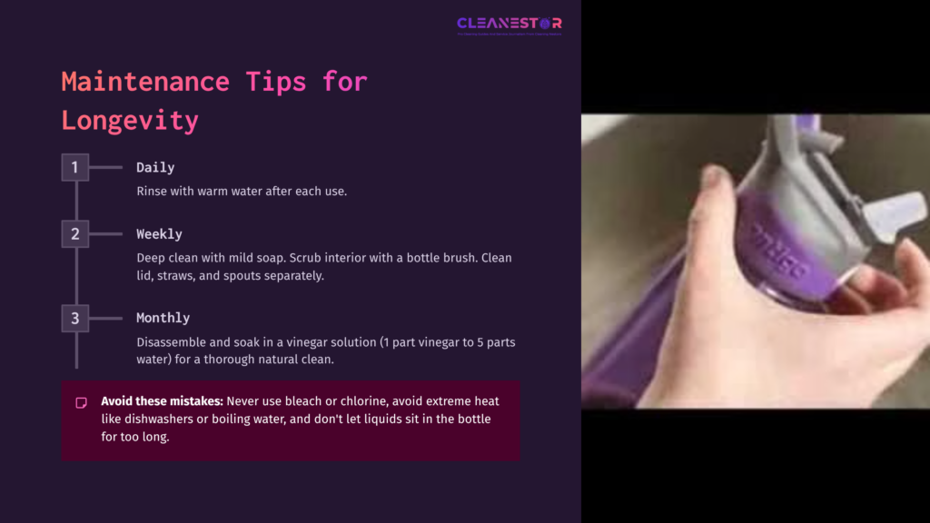A Hand Holding A Contigo Water Bottle, With Purple Elements And A Tip List For Maintenance Displayed In Bold Text On A Dark Background.