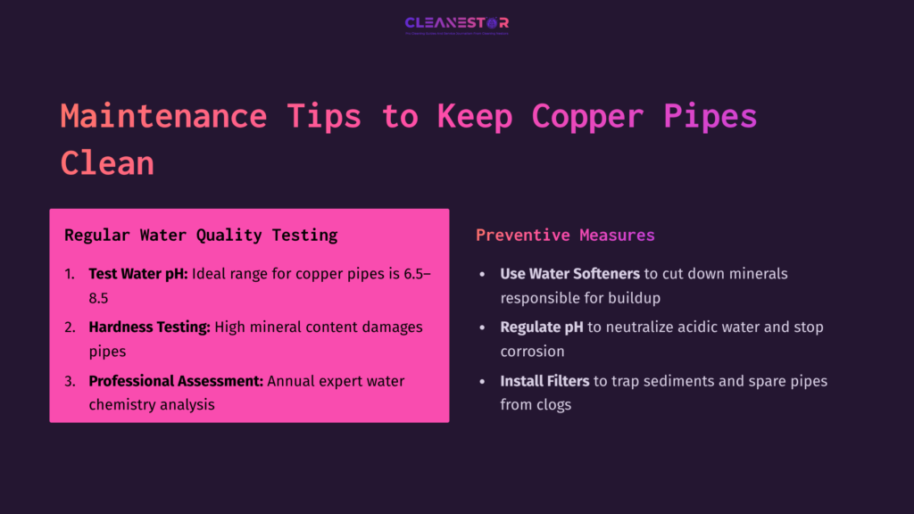 Text Layout Divided Into Two Sections: &Quot;Maintenance Tips&Quot; In Pink Background, Outlining Regular Testing And Preventive Measures For Copper Pipes In White Text.