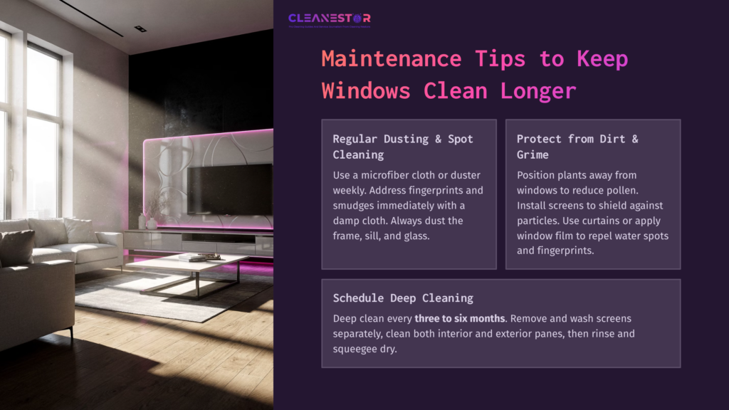 A Modern Living Room With A Large Window, Featuring Cleaning Tips On A Purple Background, Emphasizing Window Maintenance And Care.