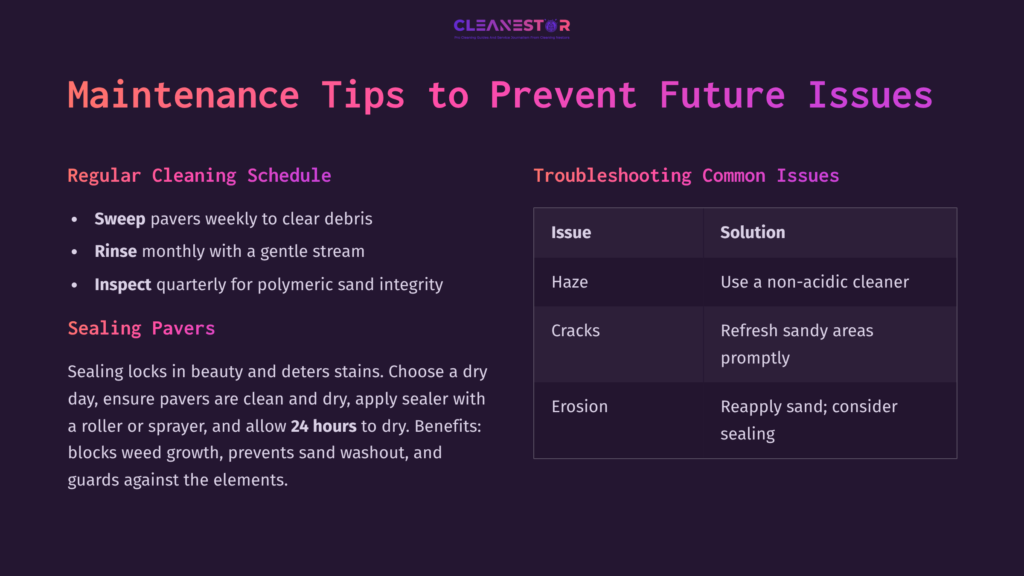 Text On A Dark Background Outlines Maintenance Tips For Pavers, Including Cleaning Schedules, Sealing Methods, And Troubleshooting Solutions.