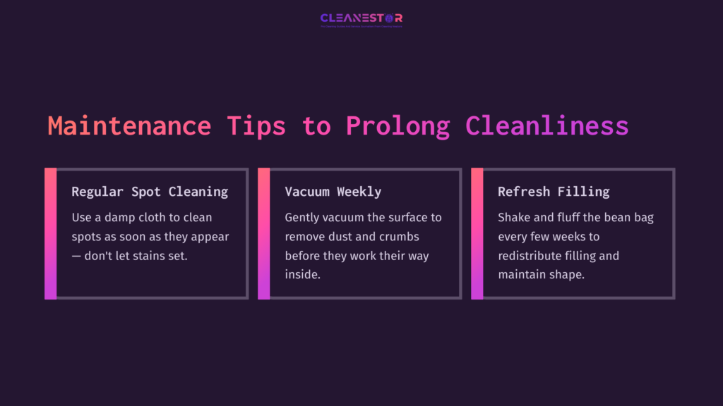 Three Tips In Pink And White Text On A Dark Purple Background: &Quot;Regular Spot Cleaning,&Quot; &Quot;Vacuum Weekly,&Quot; And &Quot;Refresh Filling.&Quot;