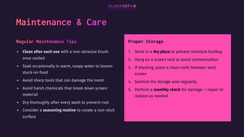 Bright Purple Background With White And Pink Text On Maintenance Tips For Pizza Screens, Including Storage And Cleaning Recommendations.