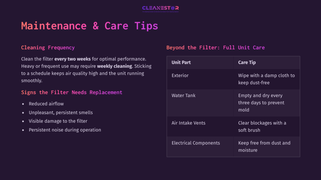Illustration Displaying Maintenance Tips For Arctic Air Filters, Featuring A Purple Background And White Text Outlining Cleaning Tasks.