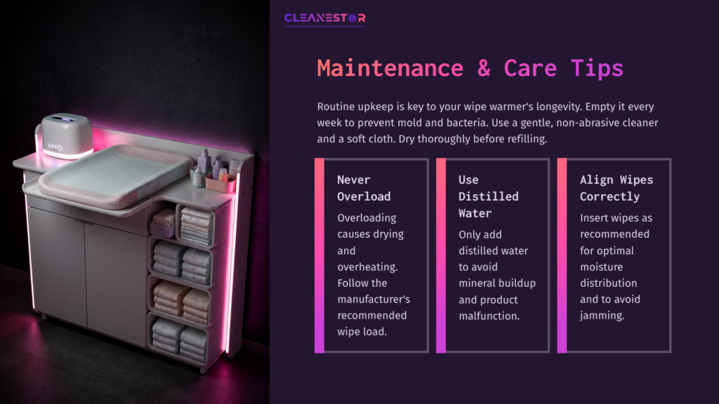 A Wipe Warmer With A Lighted Top, Surrounded By Tips For Maintenance. A Drawer Unit Below Holds Wipes, With A Soft Cloth Nearby.