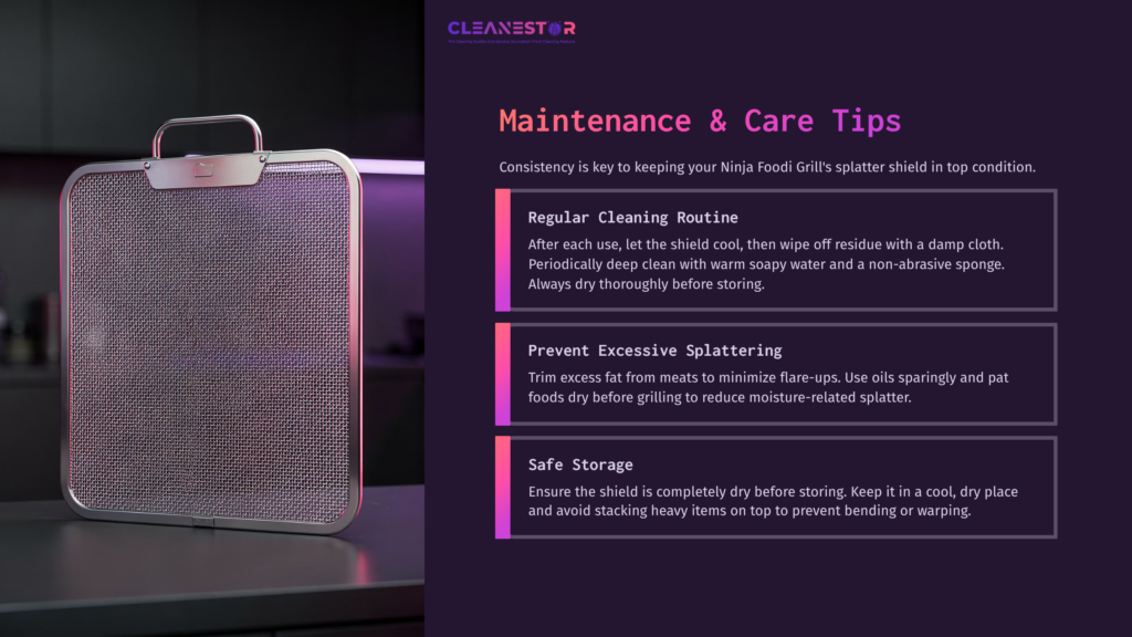 Metal Splatter Shield With A Handle, Displayed In Front Of A Purple Background, Accompanied By Three Maintenance Tips In Bold Text.