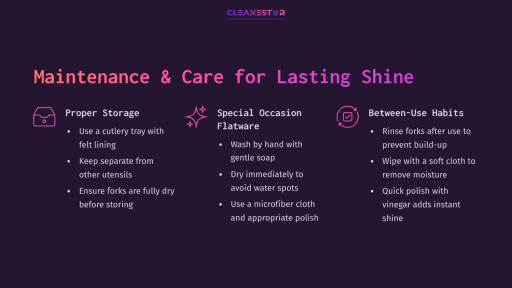 Bold Text Header “Maintenance &Amp; Care For Lasting Shine” With Tips On Fork Cleaning, Presented In White And Pink Against A Dark Purple Background.