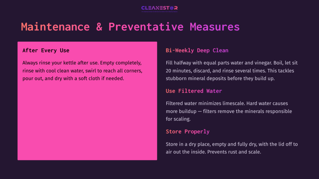 Graphic With A Purple And Pink Background, Detailing Maintenance Tips For Cosori Electric Kettle, Including Cleaning Methods And Water Usage Suggestions.