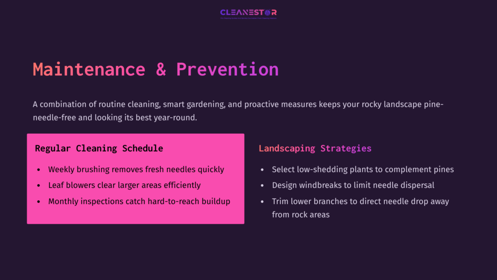 7 Maintenance And Prevention Text In Pink And White Outlines A Cleaning Schedule And Landscaping Strategies Against A Dark Background, Featuring Tips For Maintaining Rocky Areas.