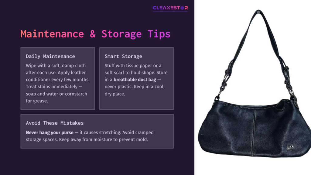 Black Sak Purse With A Long Strap Next To Maintenance And Storage Tips In White Text On A Dark Purple Background.