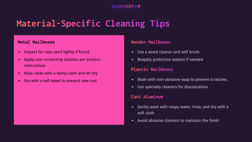 Materials-Specific Cleaning Tips For Mailboxes, Featuring A Pink Section On Cleaning Methods, With A Dark Background For Contrast.