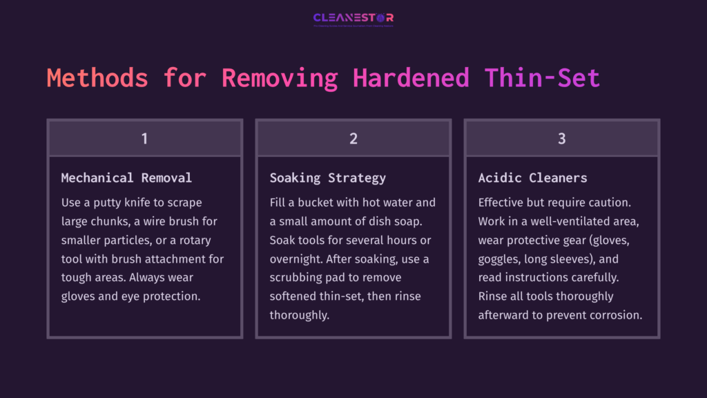 Three-Step Guide On Removing Hardened Thin-Set: Mechanical Removal, Soaking Strategy With Soap, And Using Acidic Cleaners.