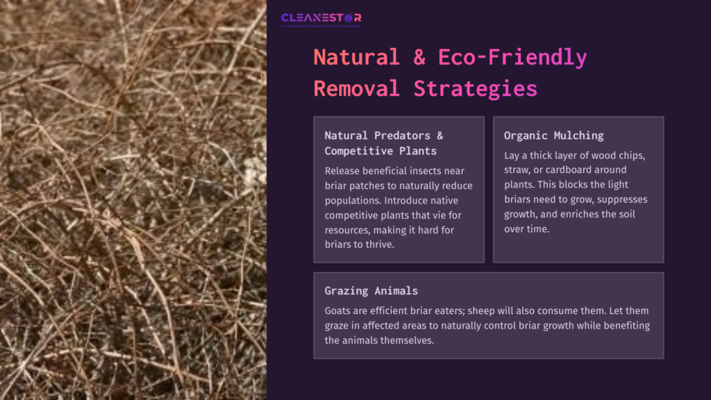A Close-Up Of Dry, Tangled Briar Vines With A Dark Purple Background Featuring Text On Eco-Friendly Removal Strategies In Pink And White.
