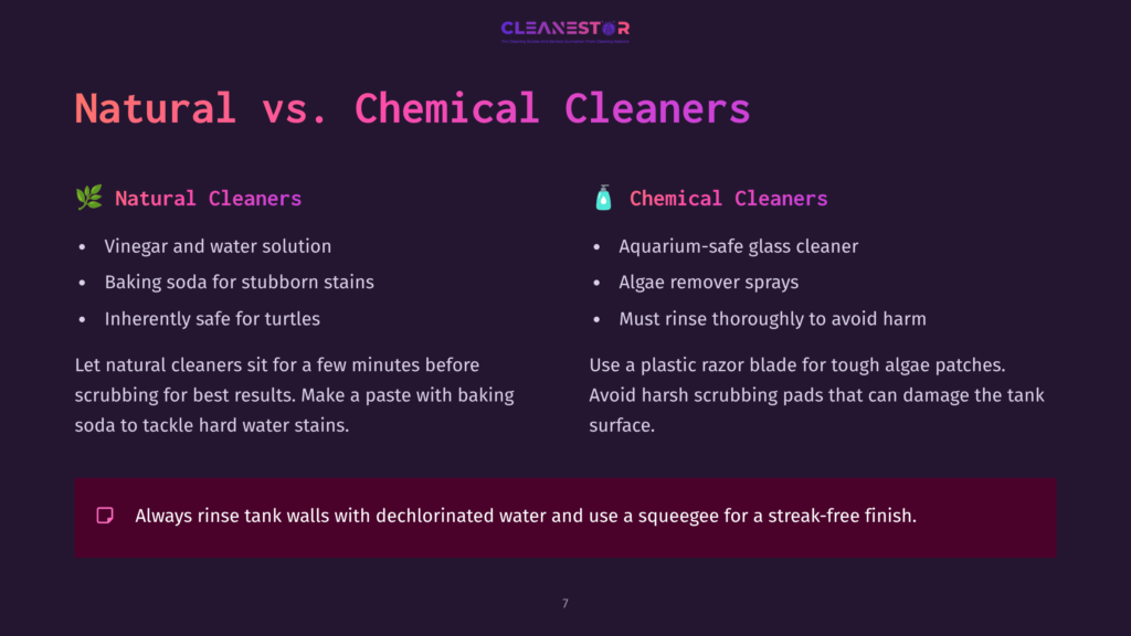 Comparison Chart Highlighting Natural And Chemical Cleaners For Turtle Tanks, With Bullet Points And Tips In Purple And Teal Text.