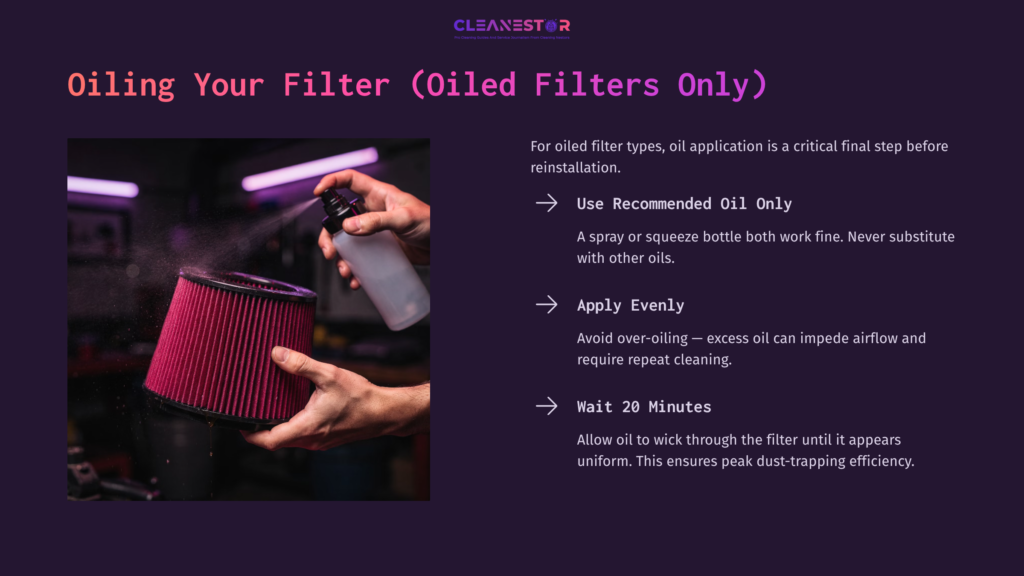 7 Oiling Your Filter Oiled Filters Only A Spray Bottle And A Purple Air Filter On A Dark Background, With Text Instructions For Applying Oil To Reusable Car Air Filters.