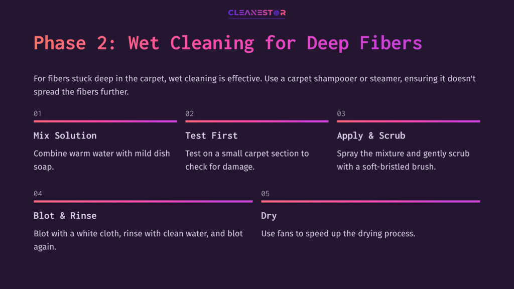 Step-By-Step Instructions On Cleaning Fiberglass From Carpet, Featuring Purple And White Text On A Dark Background With Numbered Sections.
