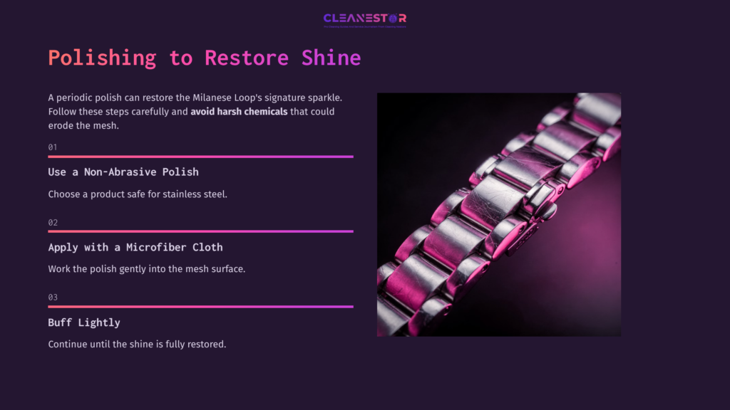 Close-Up Of A Polished Milanese Loop Watch Band With Metallic Silver And Pink Hues, Accompanied By Cleaning Instructions On A Dark Background.