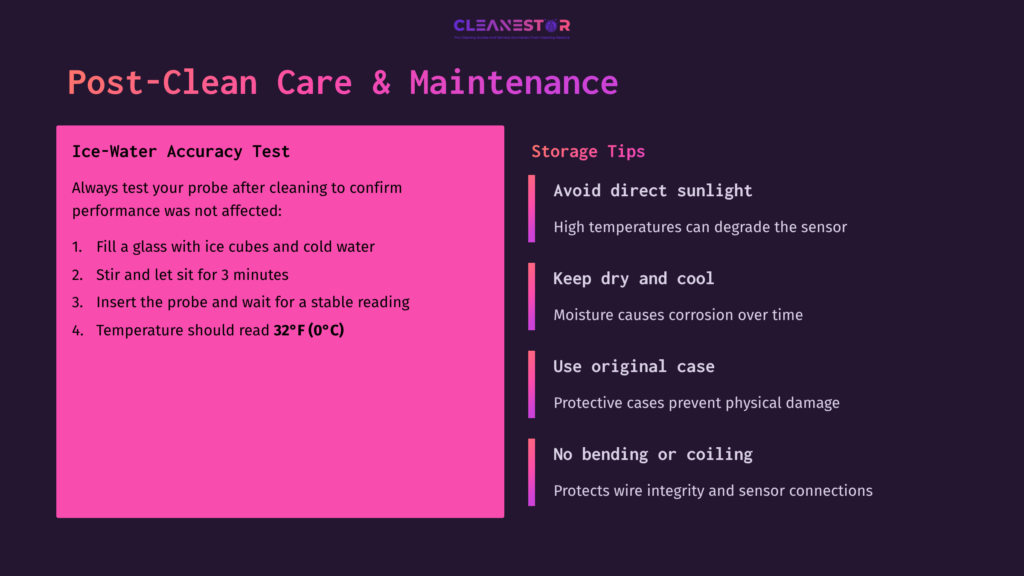 Pink And Black Graphic Detailing Post-Cleaning Care And Maintenance For Temperature Probes, Including Tips On Accuracy Testing And Storage.