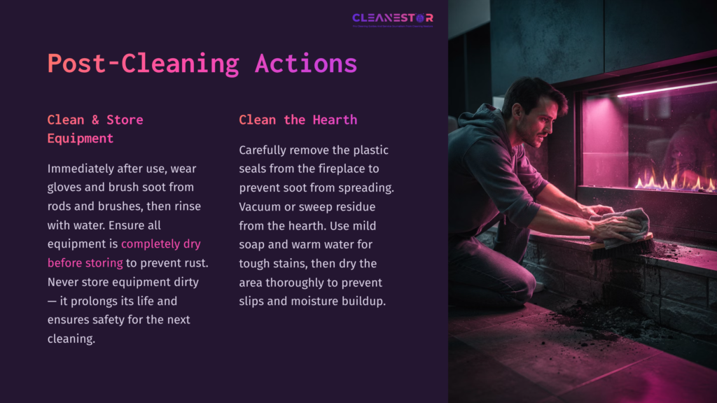 7 Post Cleaning Actions A Person In Gloves Cleans The Hearth Of A Fireplace, With A Modern Vibe And Pink-Purple Gradient Background Outlining Cleaning Tips.