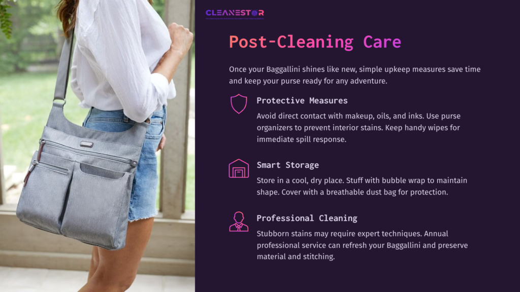 Gray Baggallini Purse With A Shoulder Strap, Positioned On A Surface, Next To A Backdrop Of Text On Cleaning Care Tips.