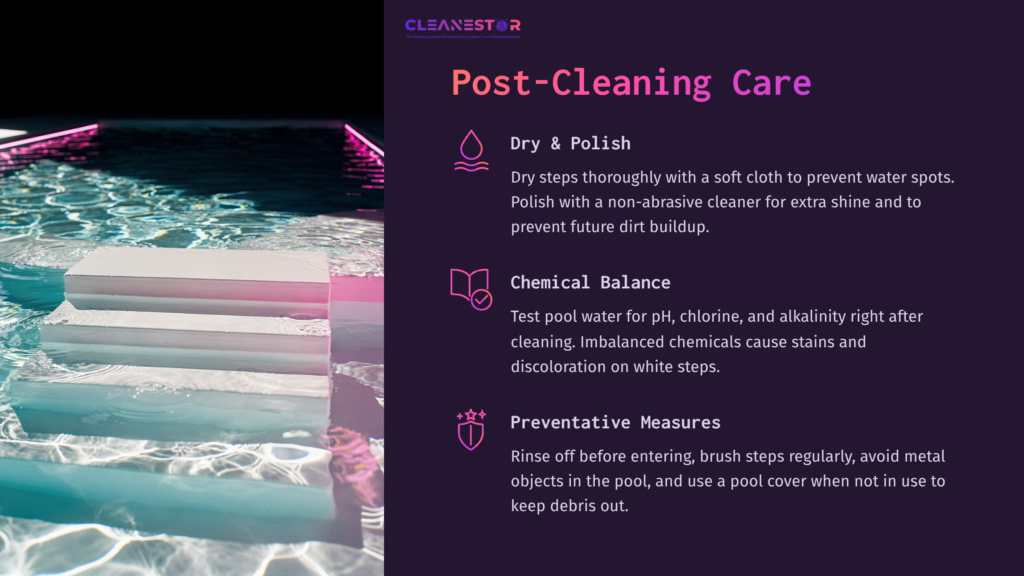 7 Post Cleaning Care White Pool Steps Illuminated By Pink And Purple Lighting, Set Against A Sparkling Blue Pool Surface. Text Highlights Cleaning Tips.