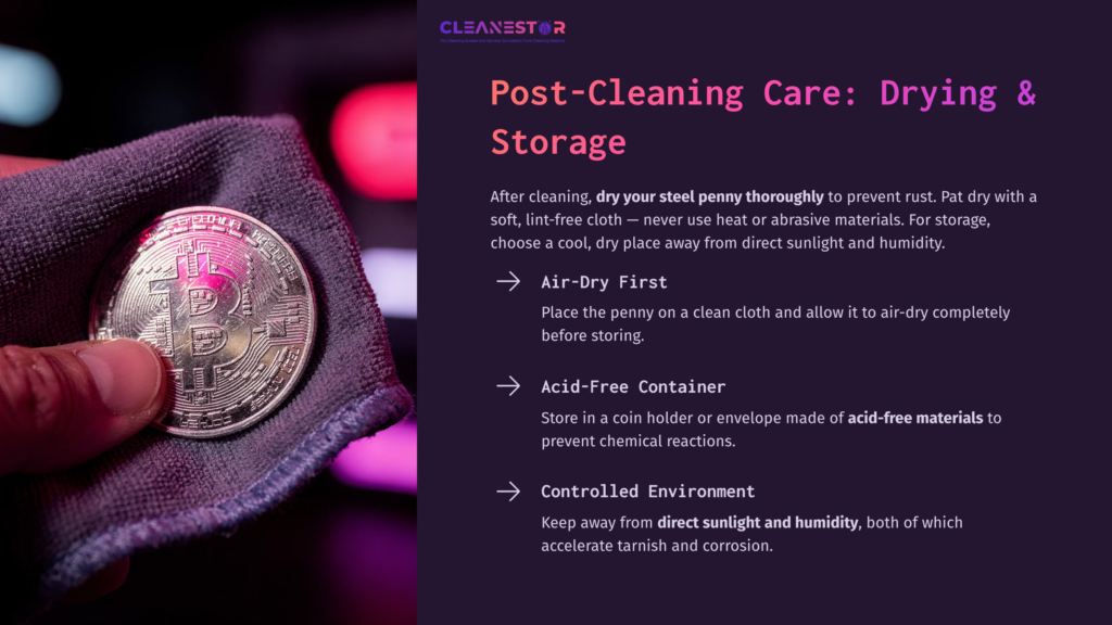 Close-Up Of A Shiny Steel Penny Resting On A Soft Cloth, With A Blurred Pink And Purple Background Highlighting Cleaning Tips.