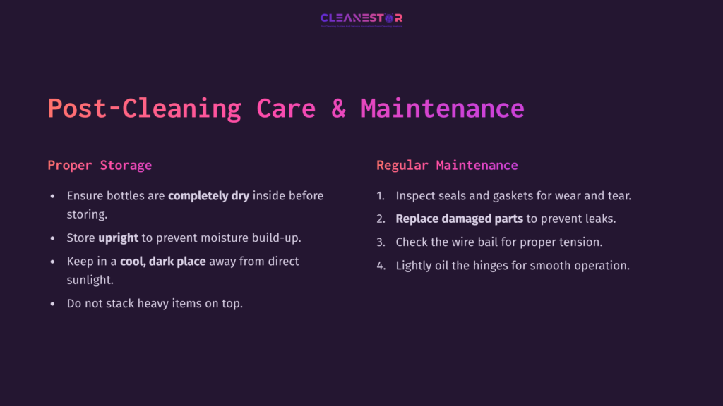 Text On A Dark Purple Background Outlines Tips For Post-Cleaning Care And Maintenance Of Flip-Top Bottles, Featuring Bold Headings And Clear Instructions.