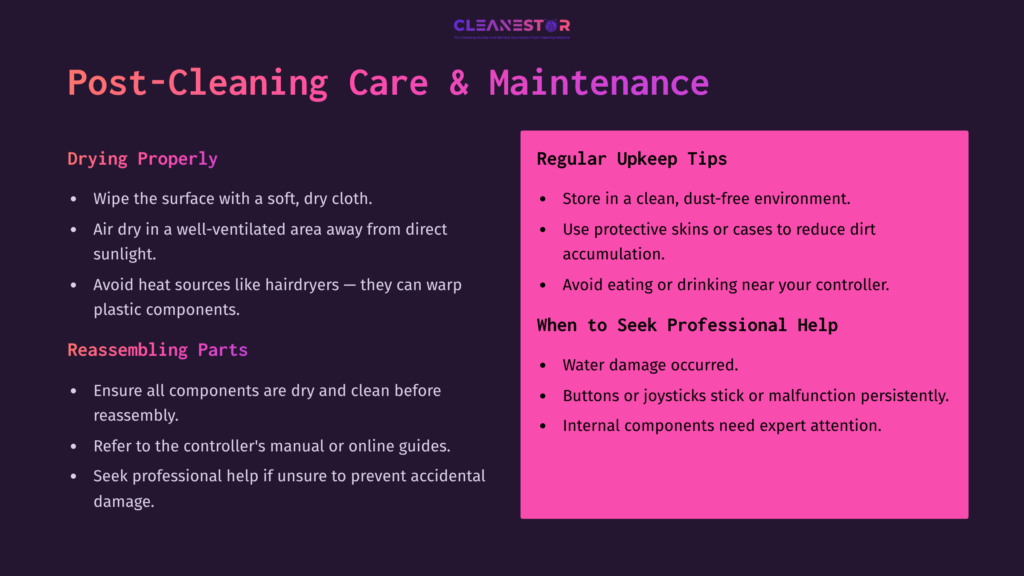 Text On A Dark Purple Background With Tips For Cleaning And Maintaining A Nintendo Switch Pro Controller, Using Light-Colored Fonts For Emphasis.