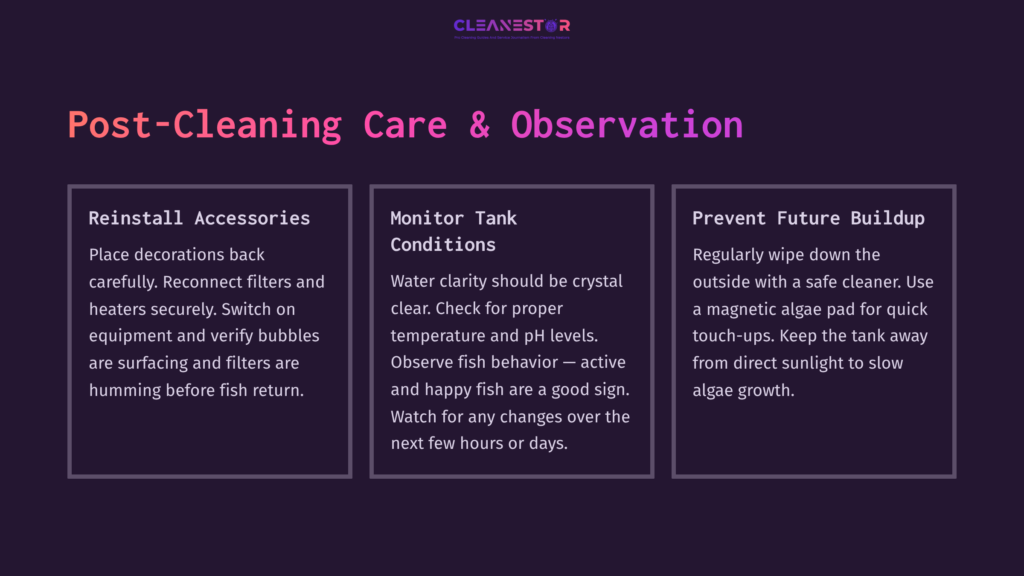 Three Sections Of Text On A Dark Purple Background, With White Headings And Pink Accents, Detailing Post-Cleaning Care For Fish Tanks.