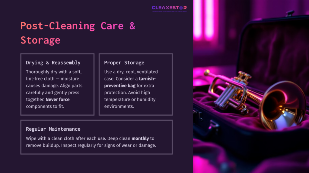 7 Post Cleaning Care And Storage A Trumpet In A Dark Velvet Case Alongside A Text Box Outlining Post-Cleaning Care, Featuring Tips On Drying, Storage, And Maintenance.