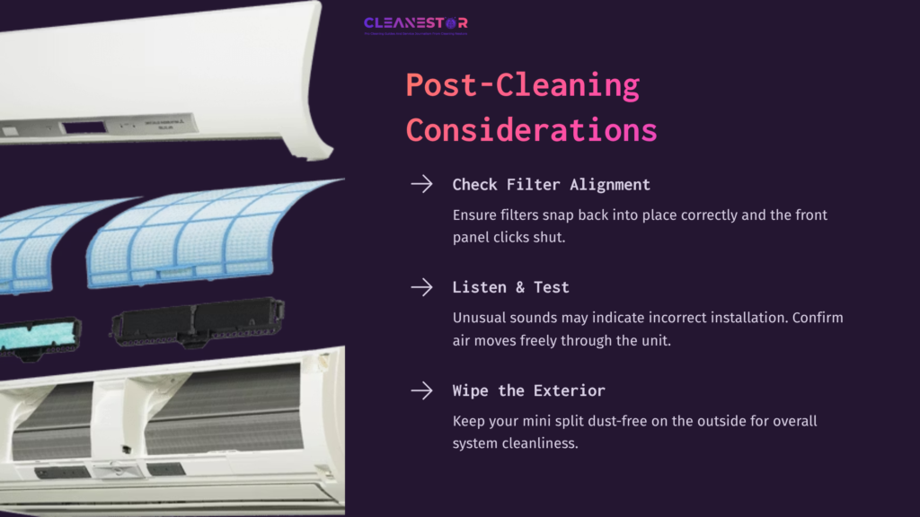 Illustration Showing A Mitsubishi Mini Split Filter With Sections Highlighted, Along With Tips For Post-Cleaning Considerations In Text.