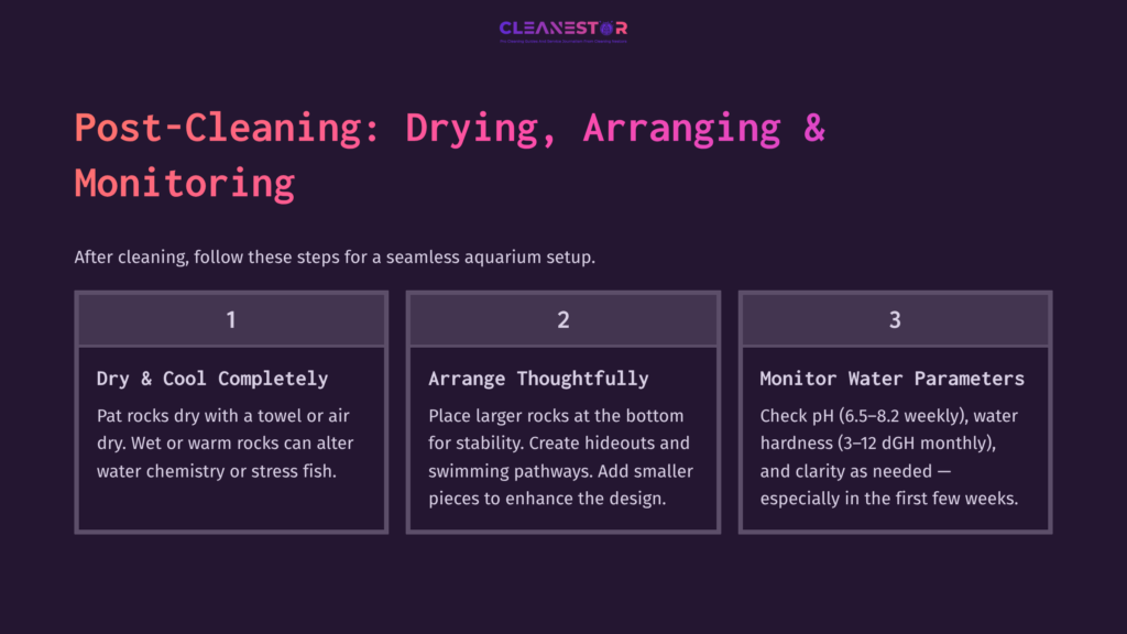 Steps For Cleaning Lava Rock In An Aquarium: Drying, Arranging, And Monitoring Water Parameters, Presented In A Purple And White Layout.