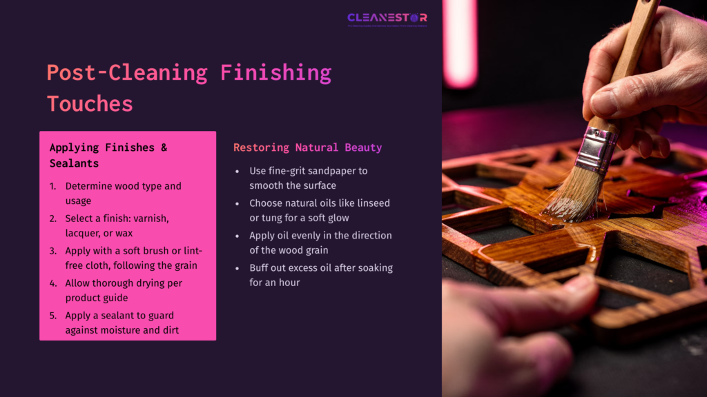 A Person Applying A Natural Oil Finish To A Decorative Laser-Cut Wood Piece, With Instructional Text About Cleaning And Sealing Wood.