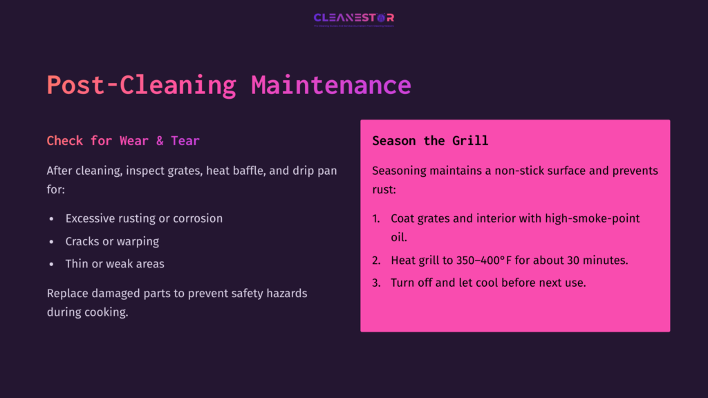 Instructions On Maintaining A Grill After Cleaning, With Focus On Checking For Wear And Tear, And A Pink Box Detailing Seasoning Steps.