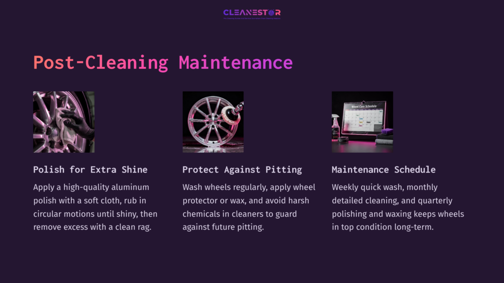 Instructional Graphic On Post-Cleaning Maintenance For Aluminum Wheels, Featuring Steps On Polishing, Protection, And Maintenance Schedule.