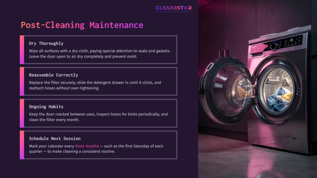 A Washer And Dryer Set In A Modern Laundry Room, Featuring Step-By-Step Cleaning Instructions In A Purple And Black Layout.