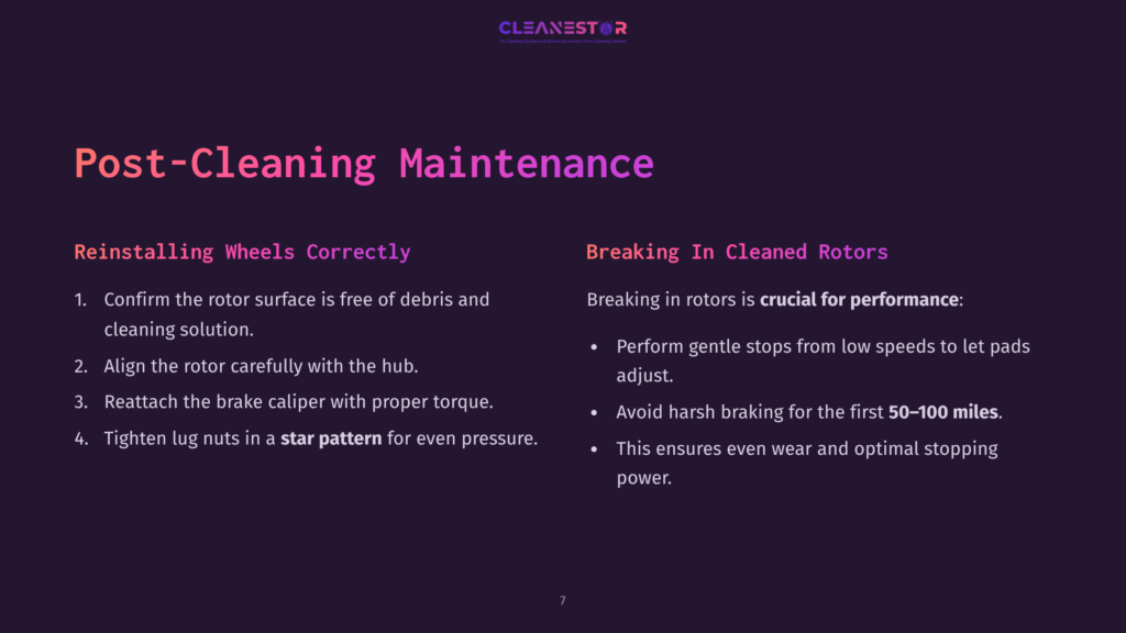 7 Post Cleaning Maintenance 3 Purple-Themed Slide With Bullet Points On Post-Cleaning Maintenance For Brake Rotors, Emphasizing Reinstallation And Braking Techniques.