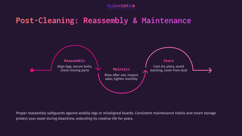 Flowchart Illustrating Post-Cleaning Steps: Reassemble, Maintain, And Store. Features Pink Arrows On A Dark Background With Concise Instructions.