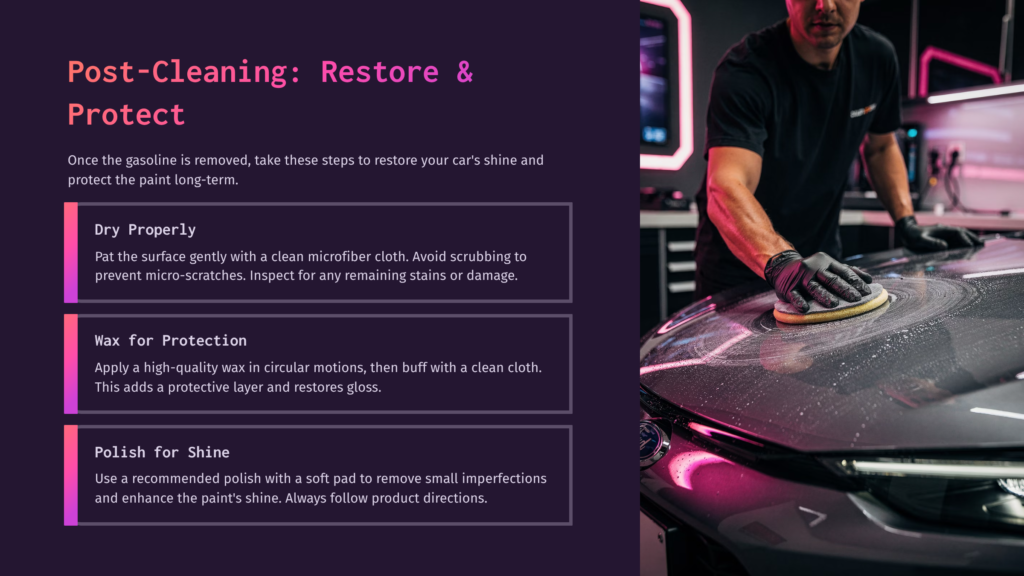 A Person Cleaning Car Paint With A Cloth, Applying Polish In Circular Motions, With Instructions On Post-Cleaning Care Beside Them.