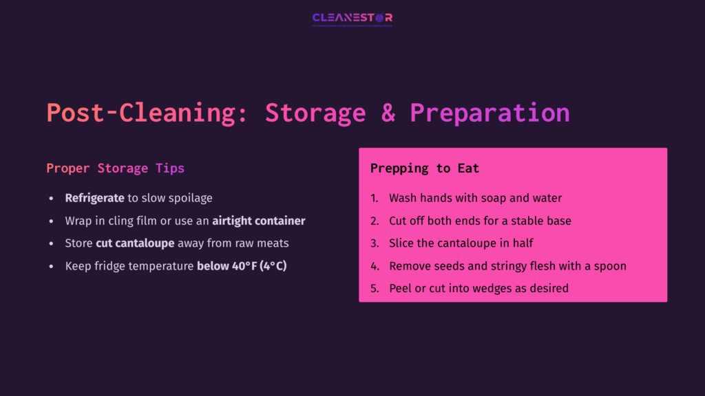 Dark Purple Background With Text In Pink And White Detailing Storage Tips And Preparation Steps For Cleaning Cantaloupe.