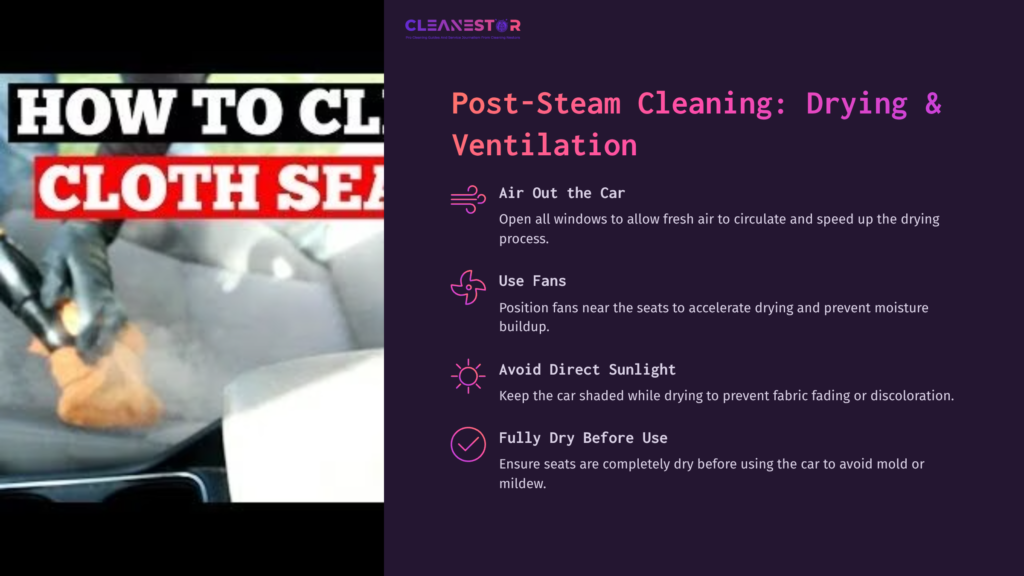 A Close-Up Of Light-Colored Car Seats, With A Dark Background Overlay Featuring Text On Steam Cleaning Tips And A Checklist Icon.