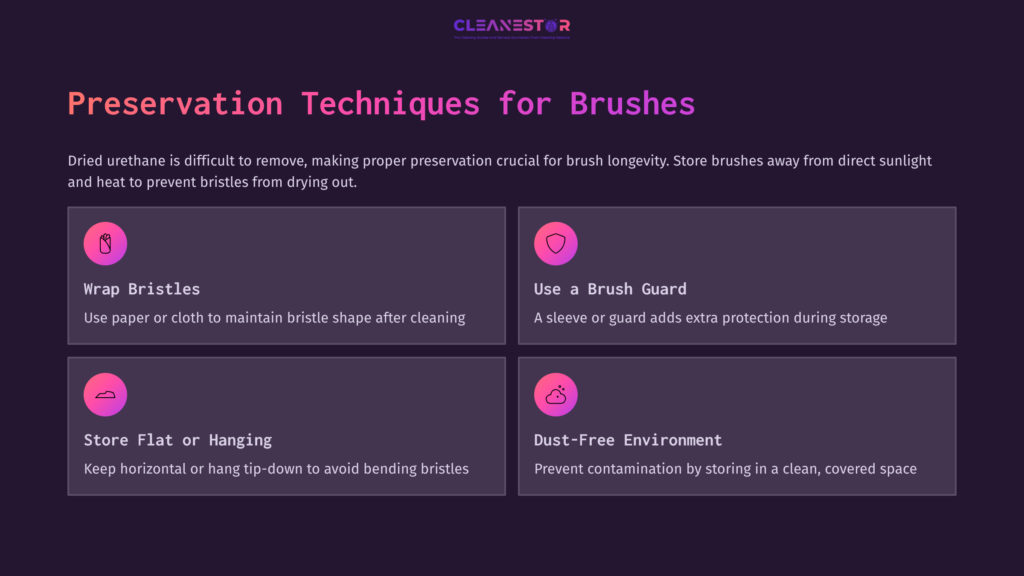 Background In Dark Purple With Pink Accents; Bullet Points List Preservation Techniques For Brushes, Including Wrapping, Using A Guard, And Storage Tips.