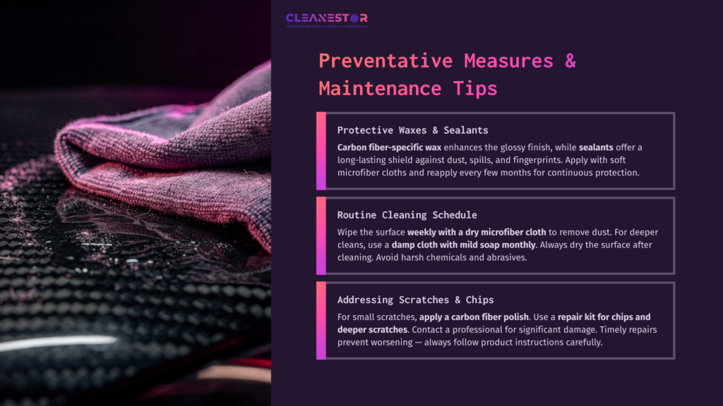 Text On A Dark Background Outlines Tips For Cleaning Carbon Fiber Desks, Highlighting Protective Measures, Cleaning Routines, And Scratch Care.