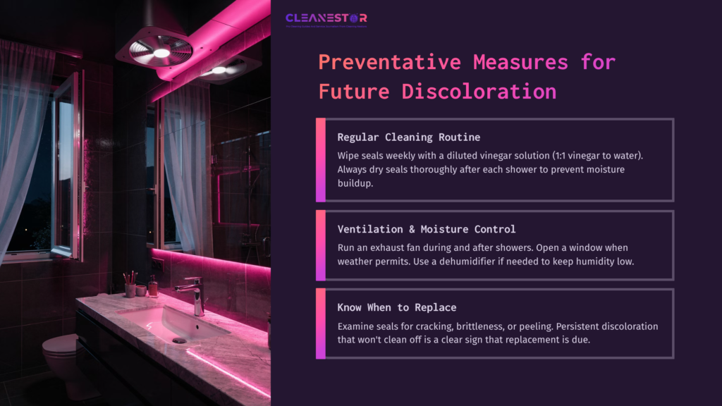 7 Preventative Measures For Future Discoloration The Image Features A Modern Bathroom With A Glowing Pink Light, Showcasing A Sink, Mirror, And Shower Door, Alongside Cleaning Tips.